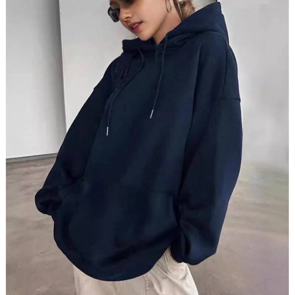 Avenue Womens Navy Blue High Low French Terry Hoodie Pullover Sweatshirt Size 14
